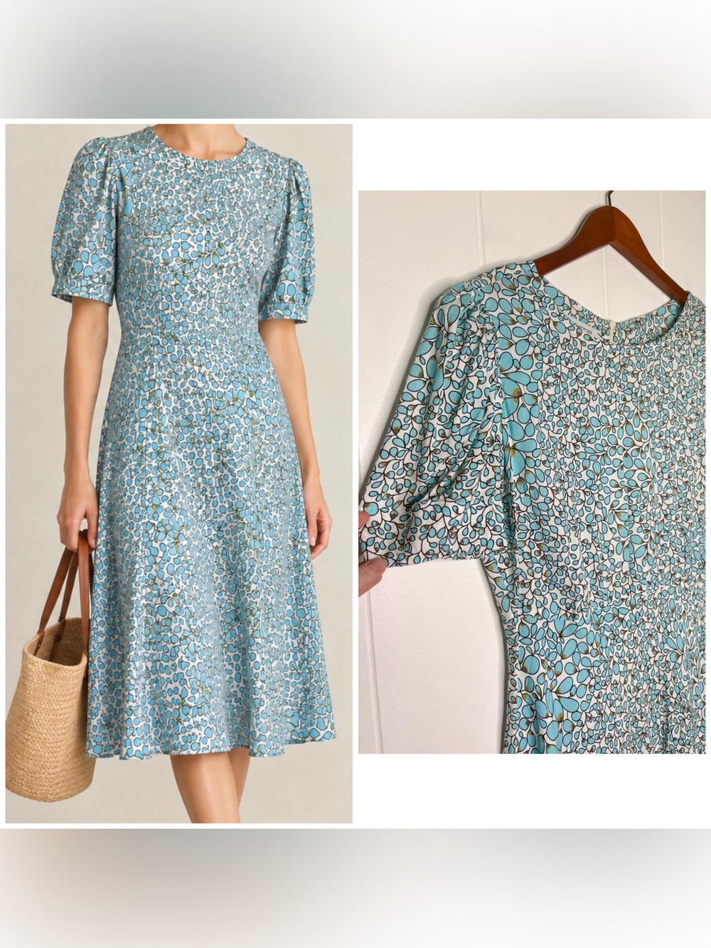 Haris Cotton Made in Greece Blue White Dress Leaves Printed Women’s Size Small